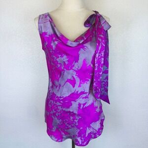 Cabi 100% Silk Floral Cowl Neck Sleeveless Top Pink Purple Grey Tie Accent Sz XS